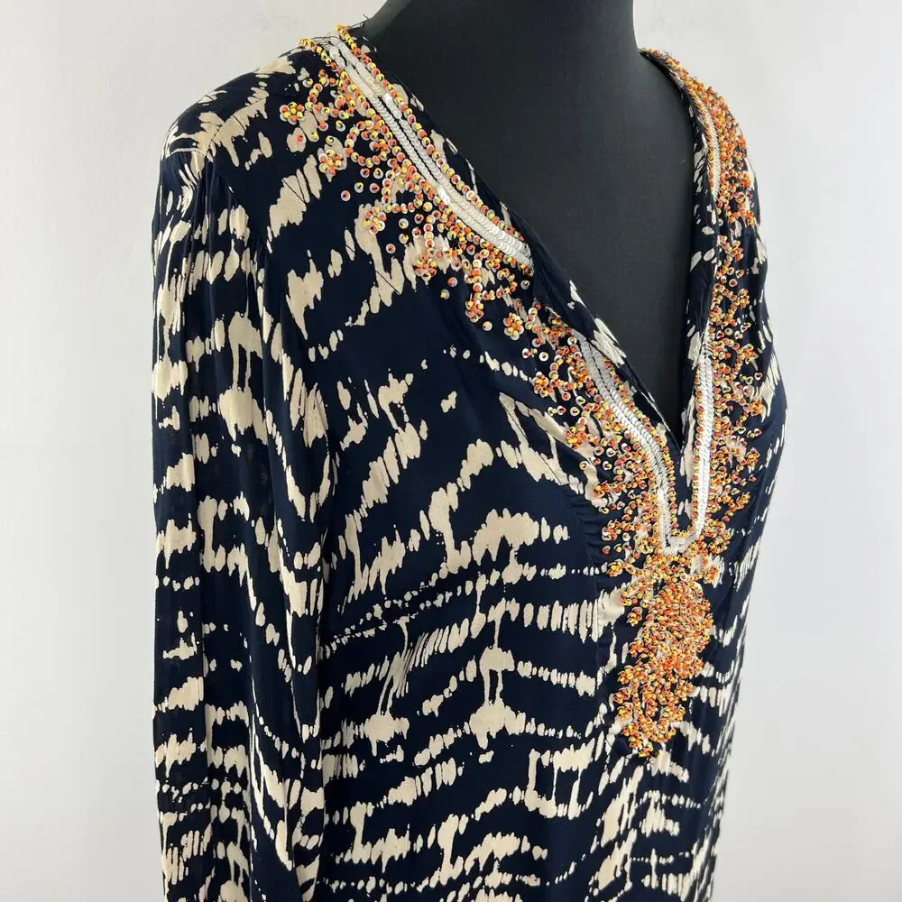 Soft Surroundings Navy Tan Split Embellished V-Neck Akira Tunic Size M ?